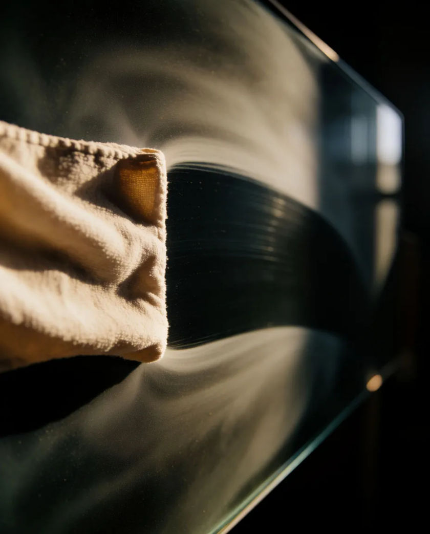 A pale cloth sweeping across a dark glass surface, leaving a wide clean arc of light in its path