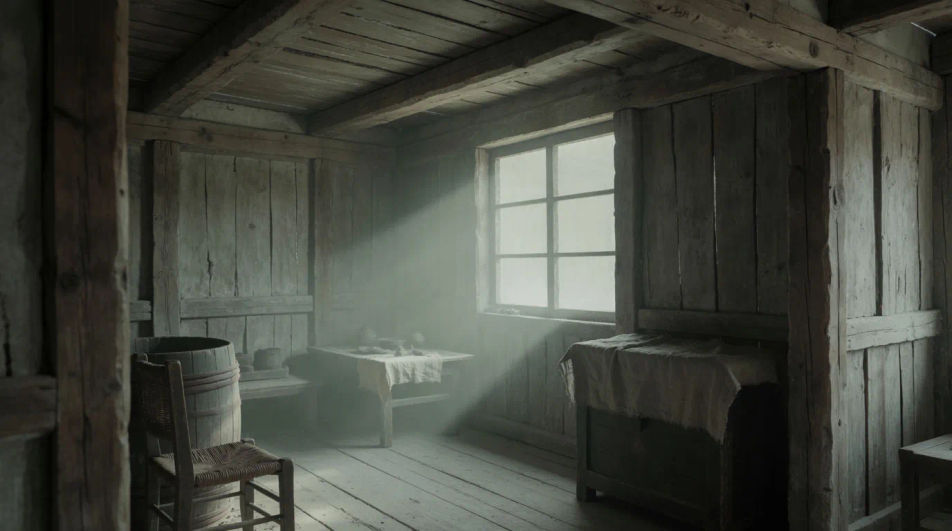 Show an old house settling around a character