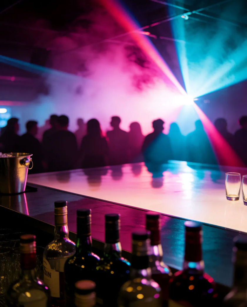 A club dance floor from behind a bar, magenta and cyan beams cutting through haze over a blurred silhouetted crowd