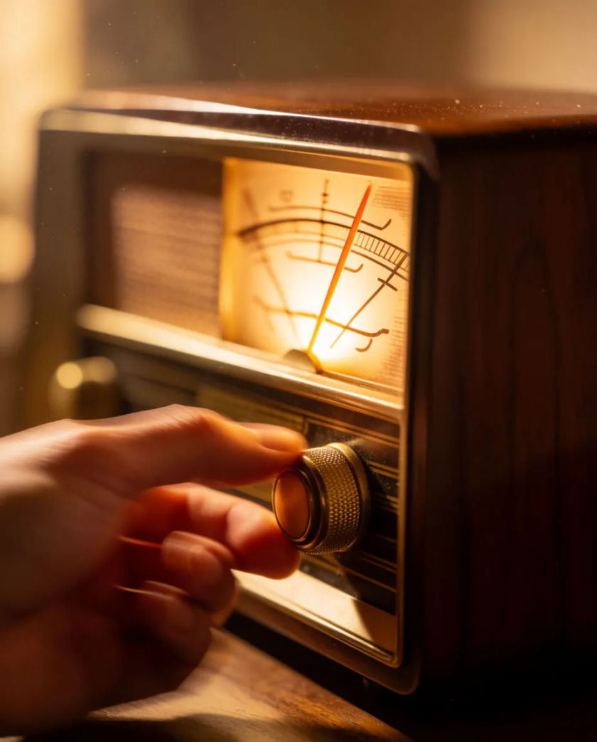 A hand turning the brass dial of a tabletop radio, a thin orange needle crossing a glowing frequency scale
