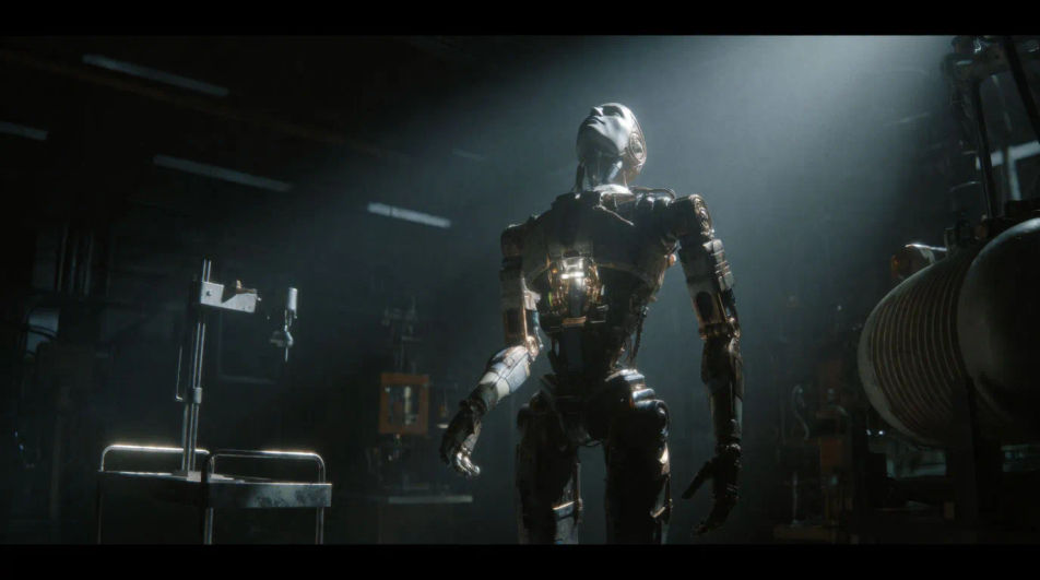 Punctuate the moment the robot snaps to attention