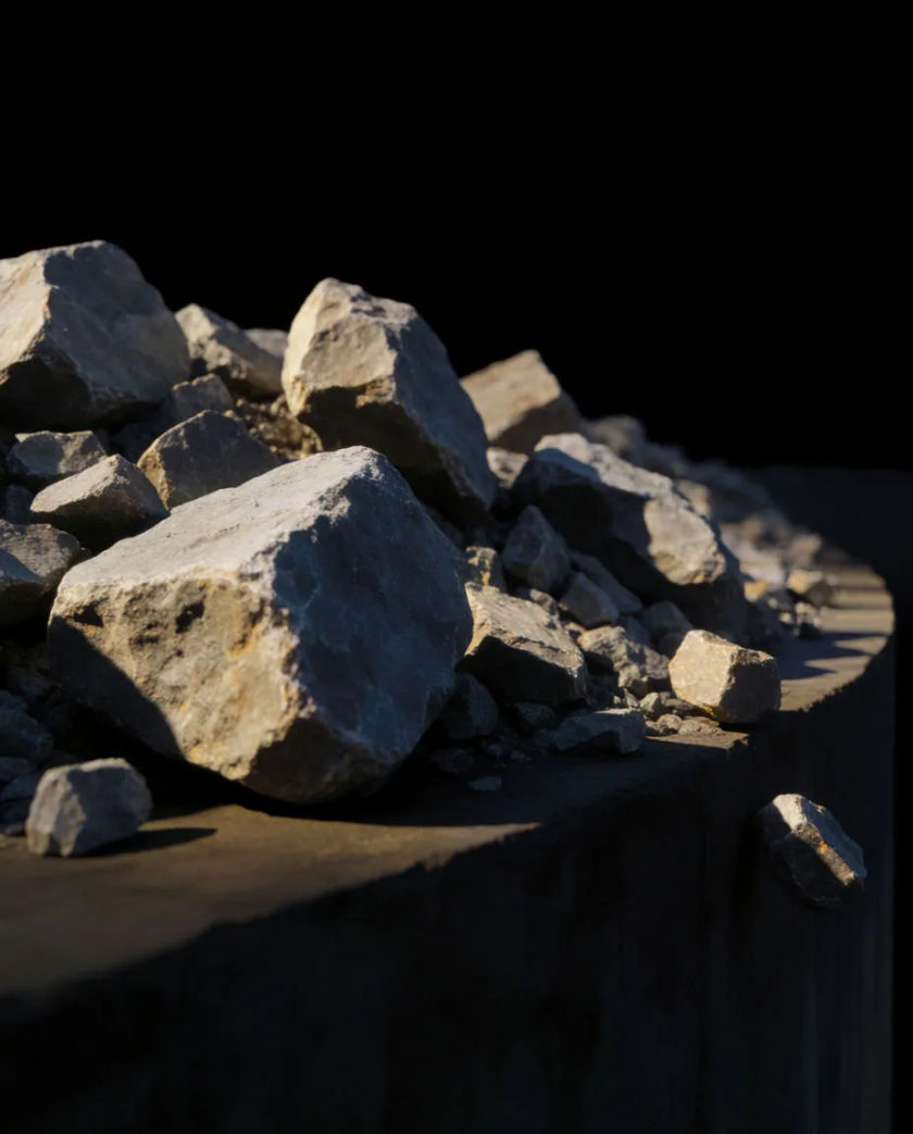 A pile of rough grey boulders and loose stones on a dark ledge, a few small rocks mid-fall catching a hard side light