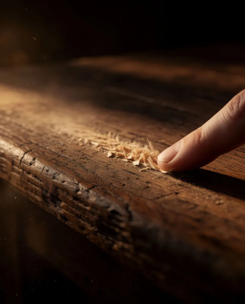 A single fingernail dragging across the weathered grain of a dark wooden table, pale fine shavings lifting in raking side light