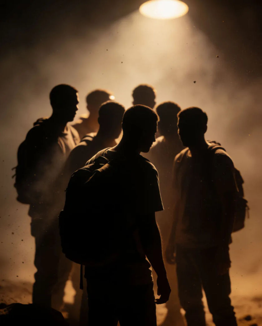 A small cluster of six silhouetted figures standing close together under a single warm light, faces turned toward the same point off frame