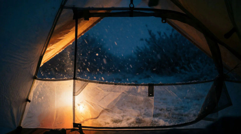 Imply a storm outside a tent