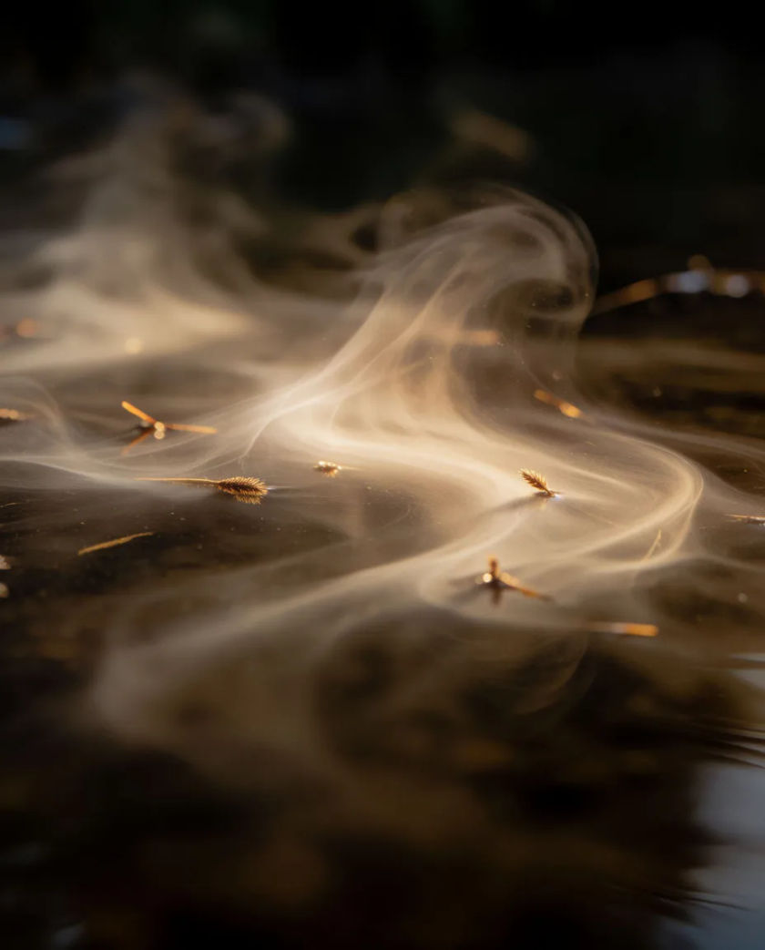 Fine wisps of pale mist drifting across dark water, a few drifting seed heads lit from behind, calm and airy, near-black ground