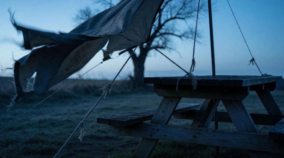 Imply a tent or a tarp being torn at