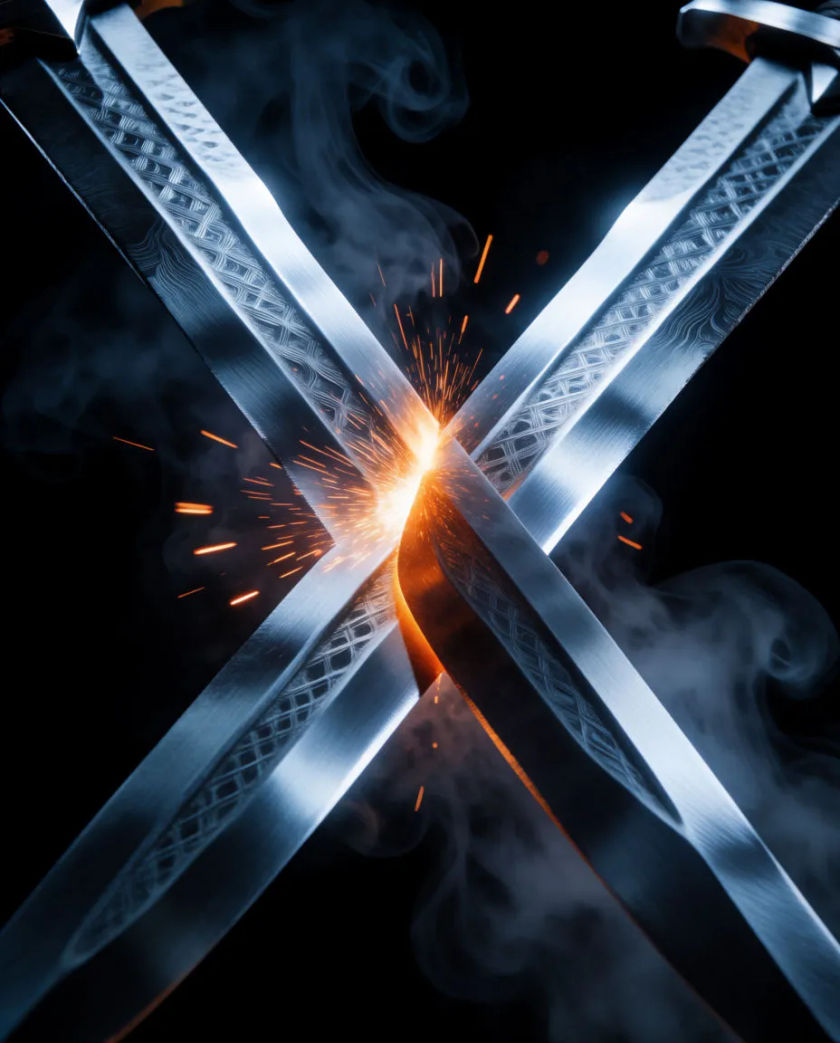 Two bare steel swords crossed mid-strike against a black backdrop, a spray of bright sparks hanging in the air between the blades