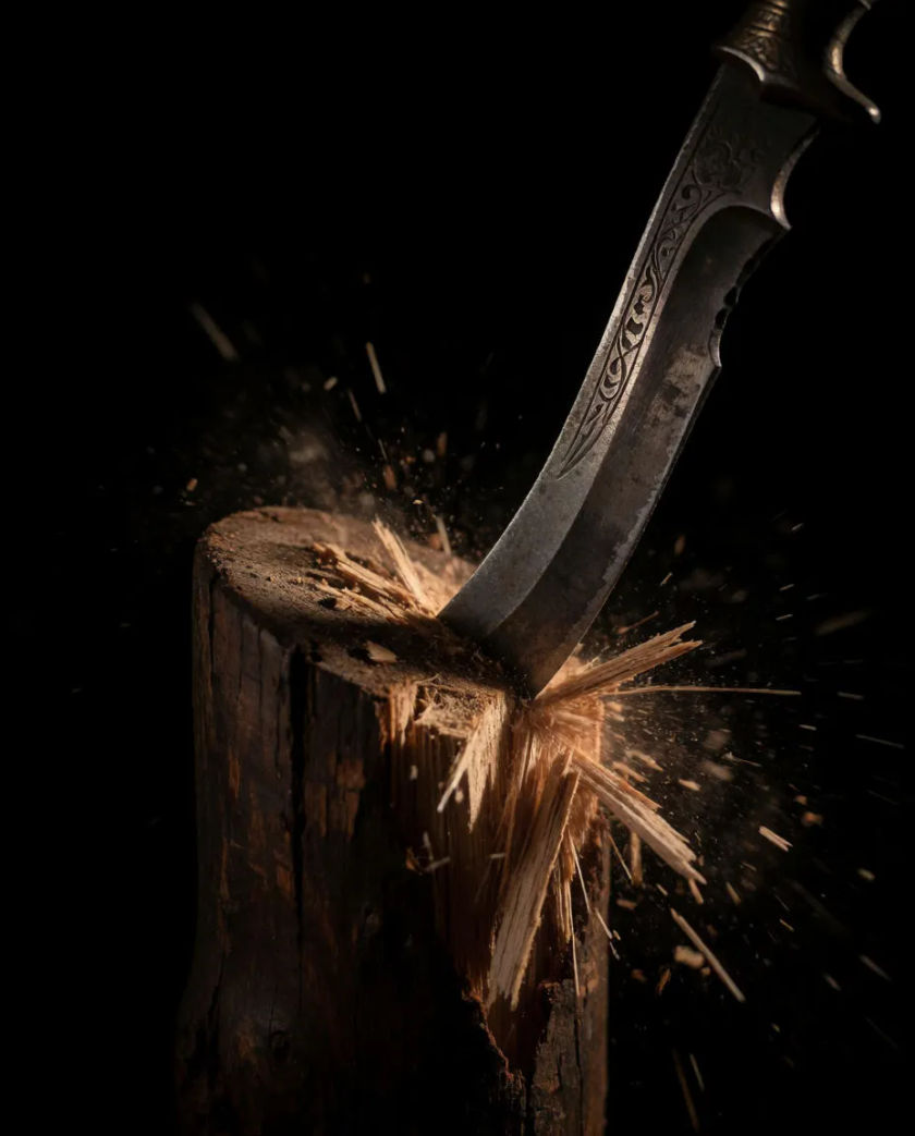 A single steel blade frozen the instant it bites into a dark wooden post, fine splinters flying out against a black backdrop