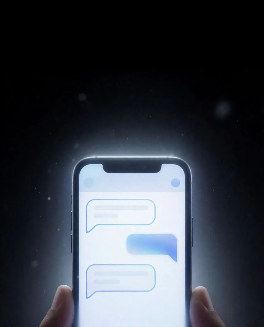 A glowing phone screen showing an empty chat window held in two thumbs against a black backdrop, a soft ring of light around the screen