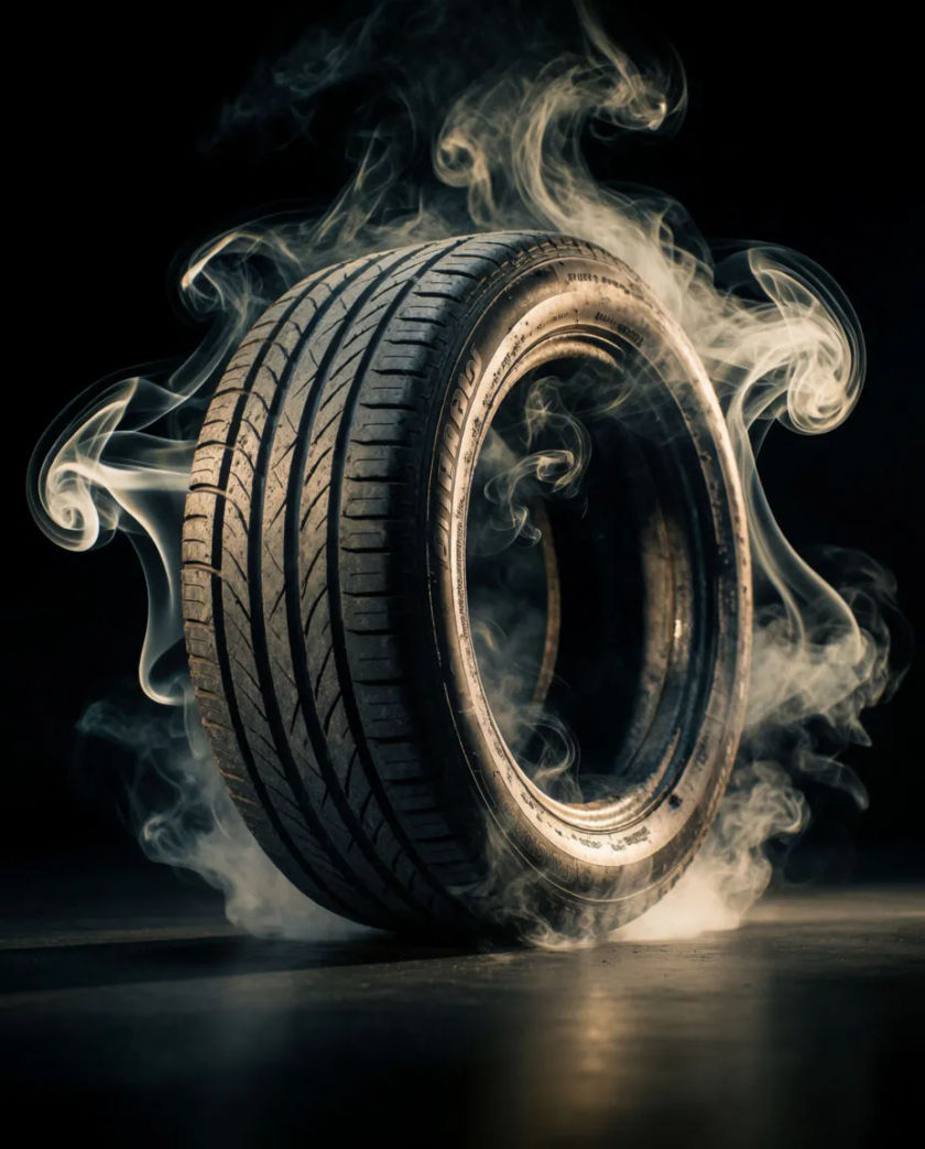 A single car tyre mid-skid on a black surface, thin curls of pale smoke lifting off the tread under a hard sidelight
