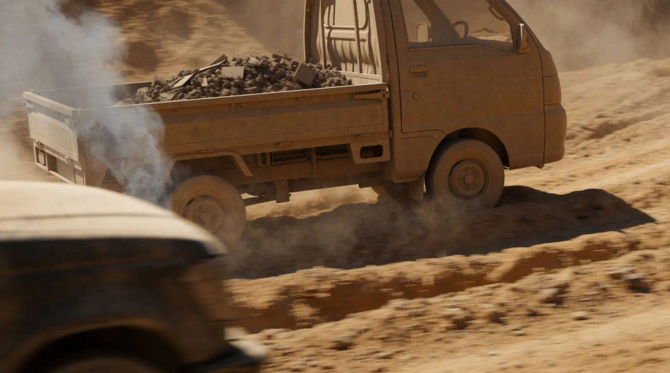 Let the audience hear a truck bed on rough ground