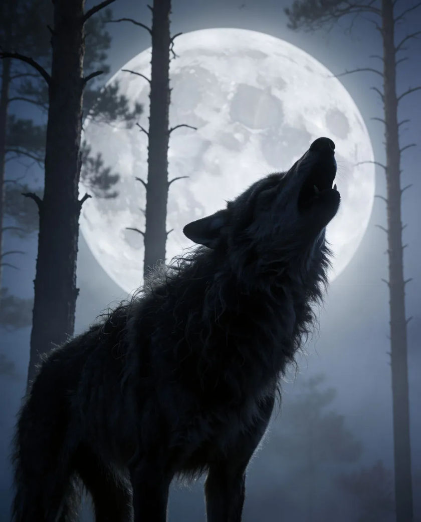 A hunched dark silhouette with a long narrow muzzle thrown back and open in a howl against a huge pale disc, thin pine trunks around it
