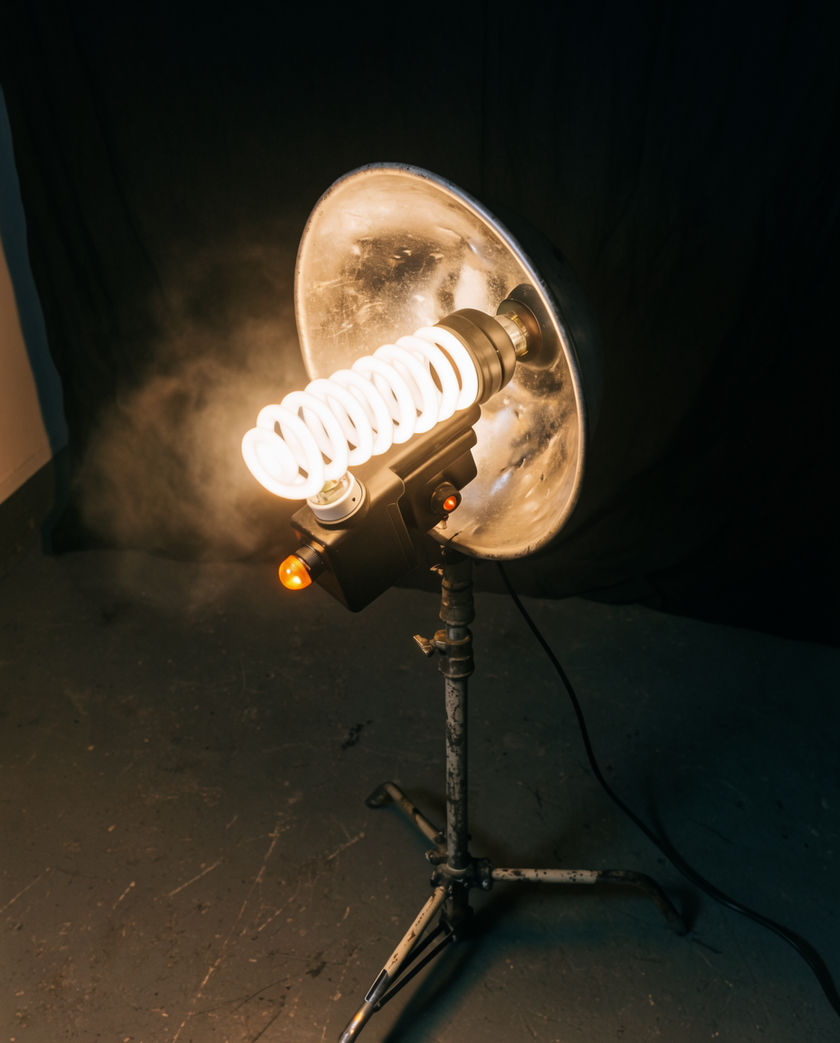 A bare flash tube inside a reflector at close range, the coiled glass catching one hard sliver of light against deep shadow