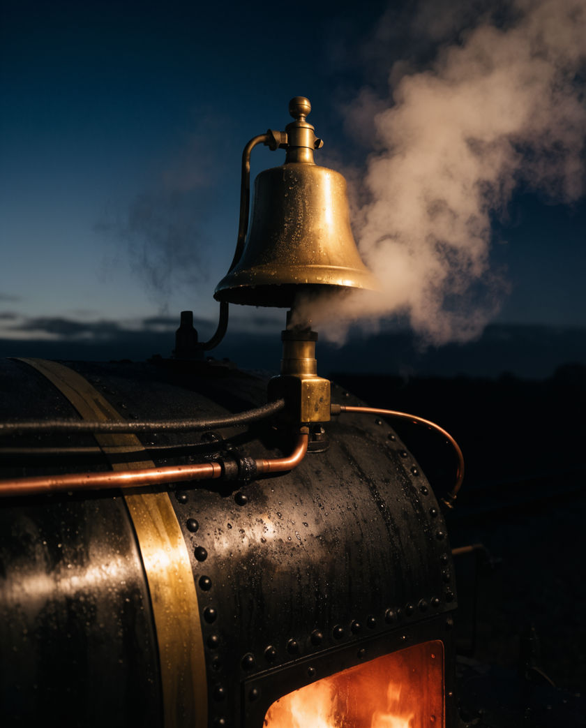 A brass steam whistle on a locomotive boiler at close range, wet metal catching low raking light, steam curling out of the bell