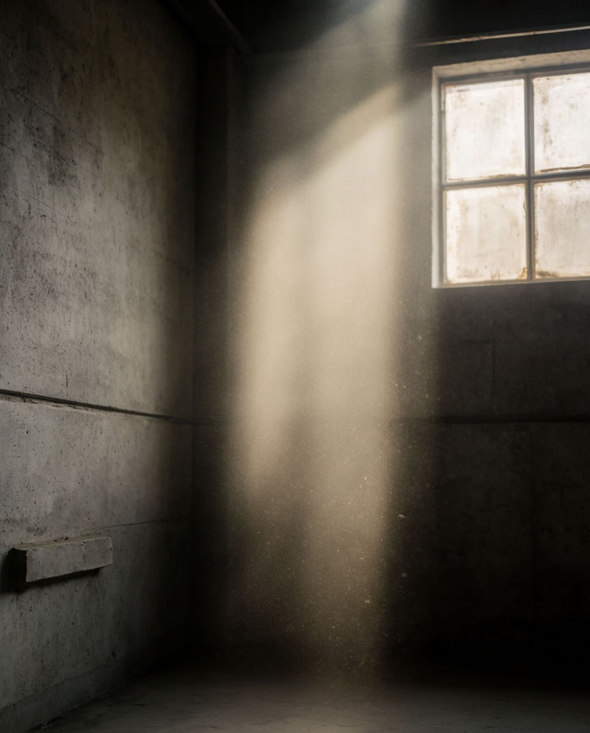 A wide dust-lit shaft of air moving across an empty concrete interior, particles drifting through the beam