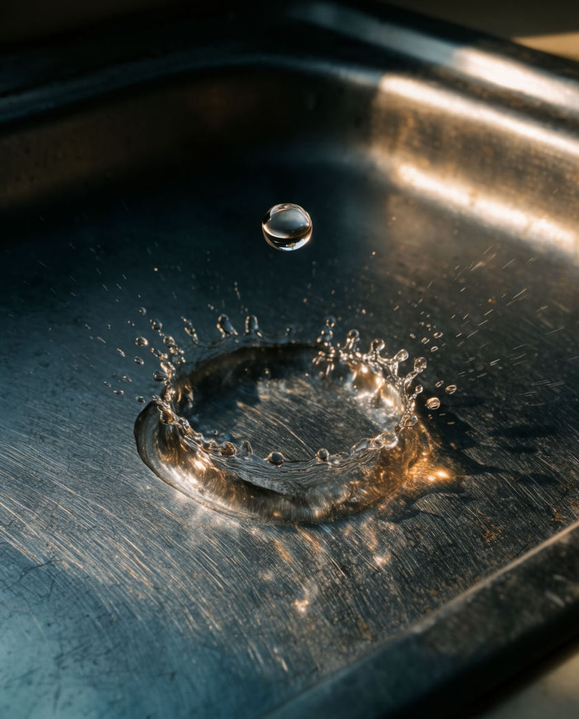 A single water droplet frozen a hand span above a scratched steel sink, hard light picking out the ring of splash below it