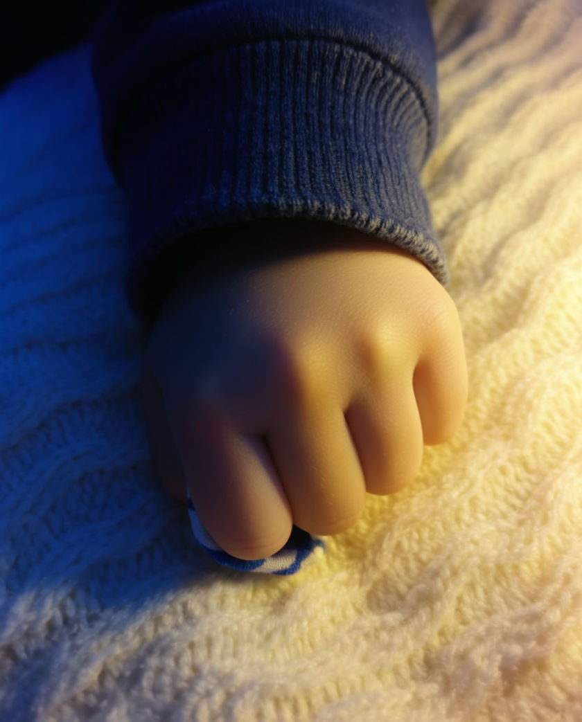 A very small hand curled tight against a soft knitted blanket in warm low light, filling most of the frame