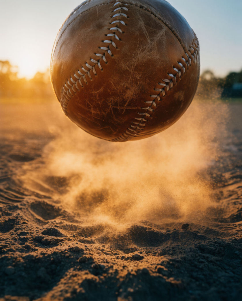 A scuffed leather ball caught mid-air against churned infield dirt, dust still hanging where a swing has just passed through