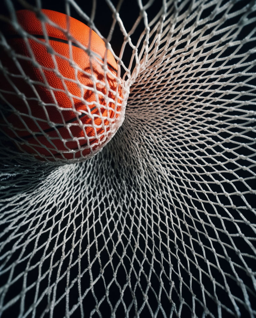 An orange ball dropping through a white nylon net, the strings flicked outward mid-motion against deep shadow