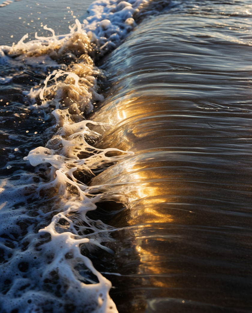 Low sunlight raking across shallow water sliding over dark wet sand, foam pulling apart into fine white threads that fill the frame edge to edge.