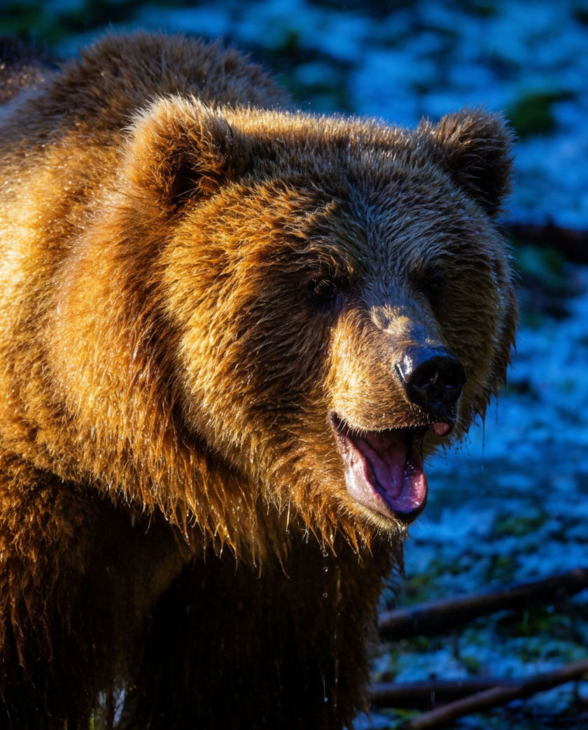 A large brown bear filling the frame with its head turned three quarters to camera, mouth open mid-call, breath visible in cold light on wet fur.