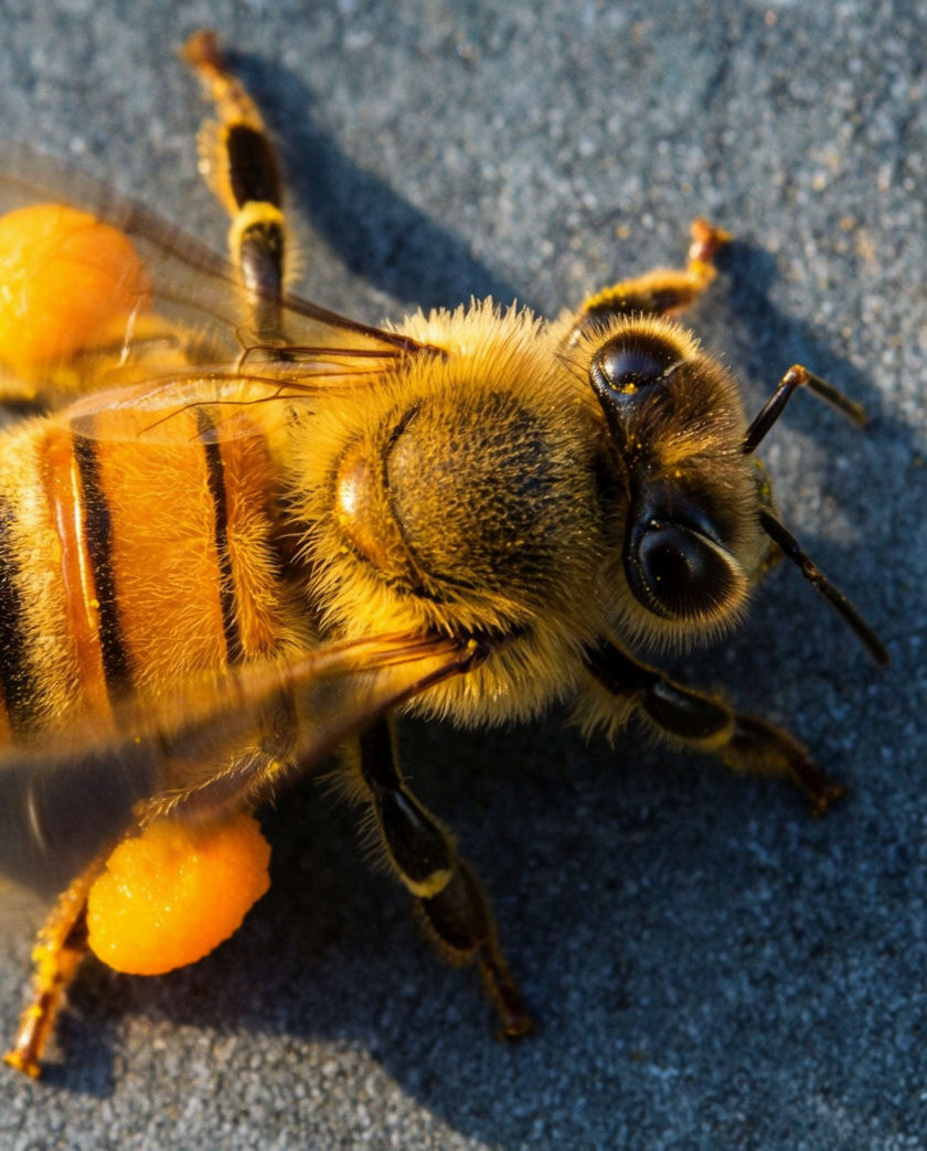A single honeybee filling the frame on a dark textured surface, wings blurred mid-beat and pollen on its legs.