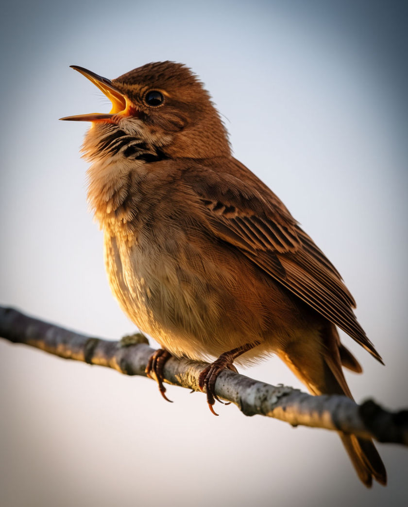 A small brown songbird mid-call on a bare branch that runs off the frame, beak open and throat feathers lifted, pale sky behind it