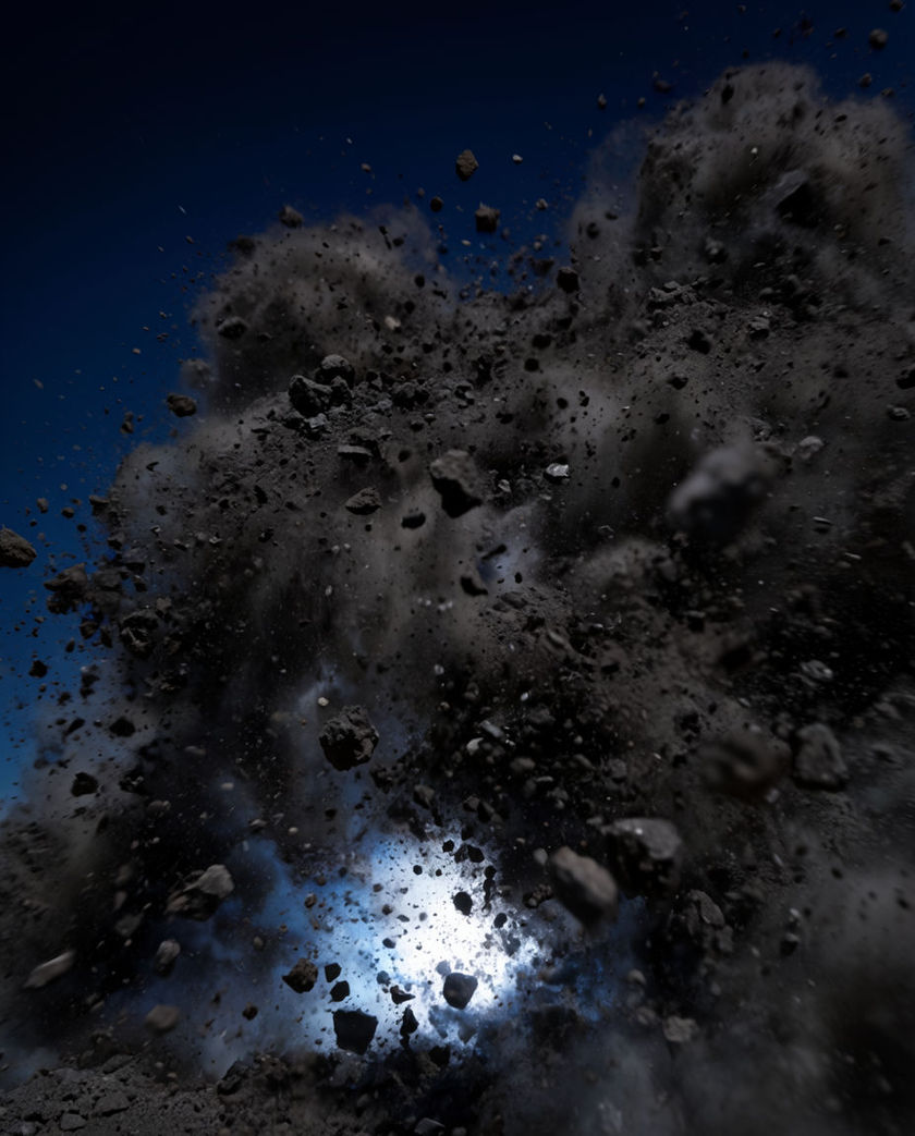 A blast throwing cracked earth and dust outward across an open sky, debris still climbing at the edges of frame