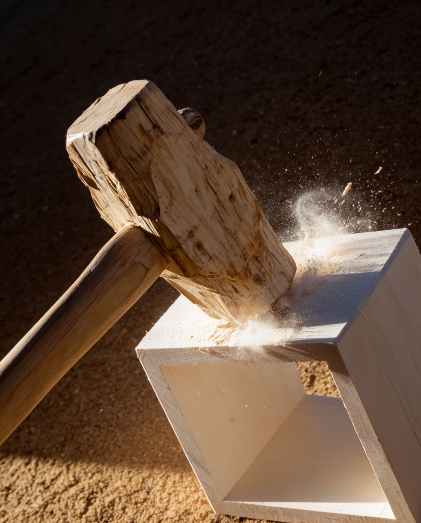 A wooden mallet caught at the instant of contact, dust jumping off the struck surface in one hard beam of light