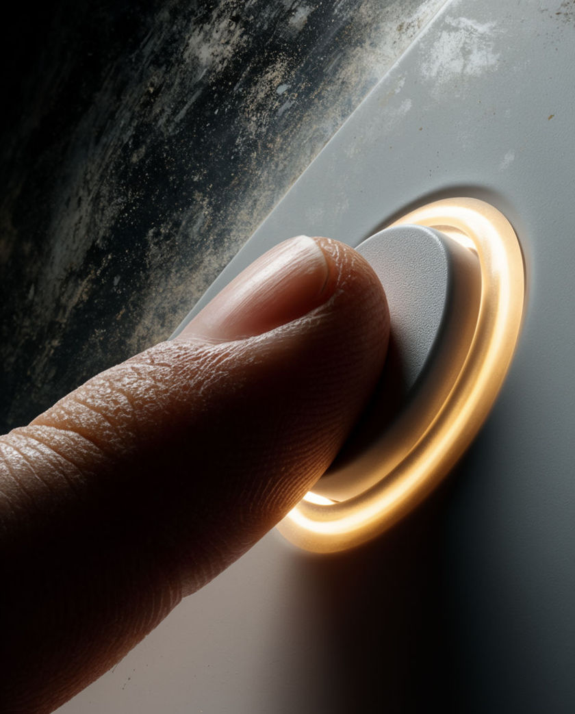 A fingertip caught halfway through pressing a soft grey control button, the ring around it lit from one low side