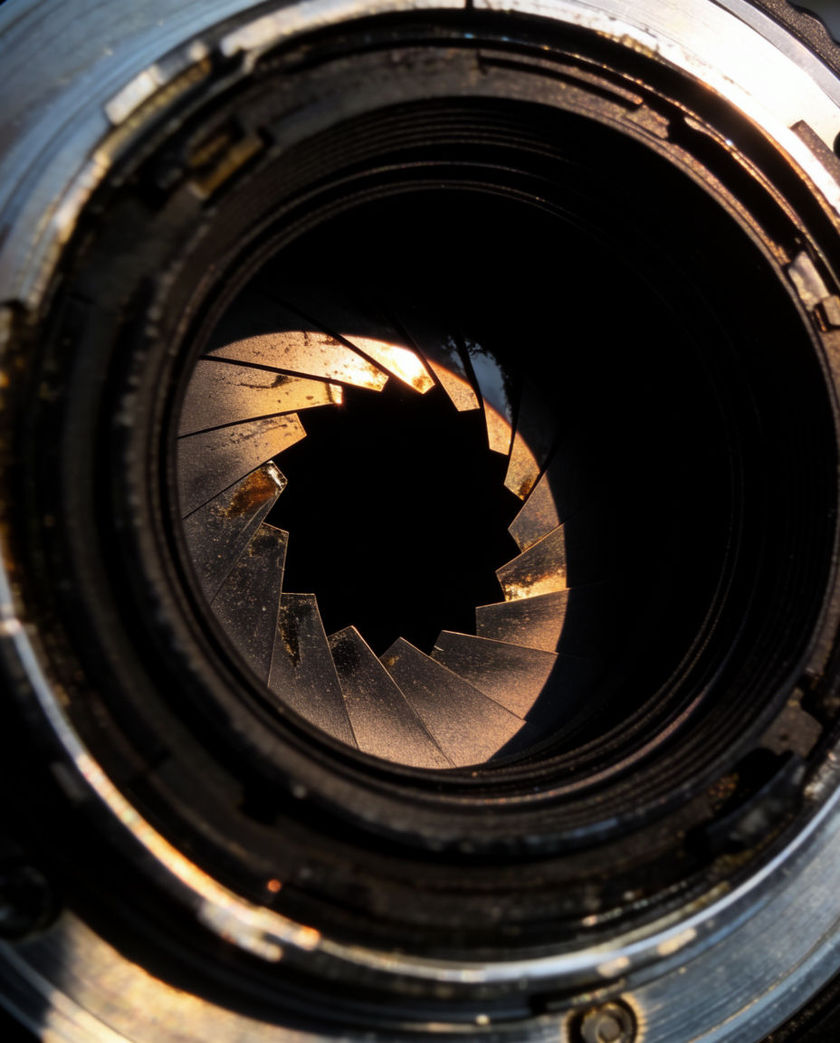 A metal shutter blade array half open inside a lens barrel, blades catching a hard sliver of light at the centre