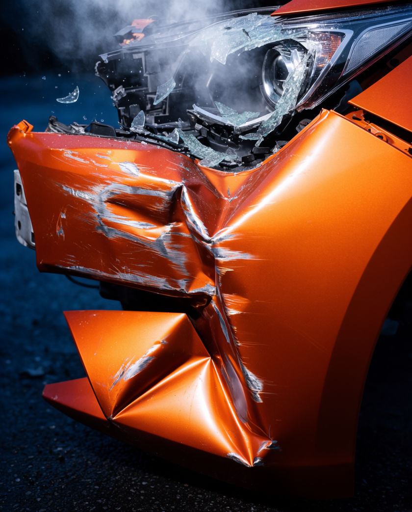A folded front wing and burst headlamp with glass fragments still in the air, hard low sun across the paint