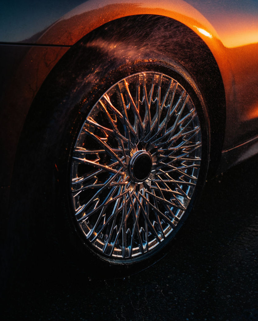 A wet front wheel throwing a fine spray sideways off dark asphalt, low light streaking along the flank of the car