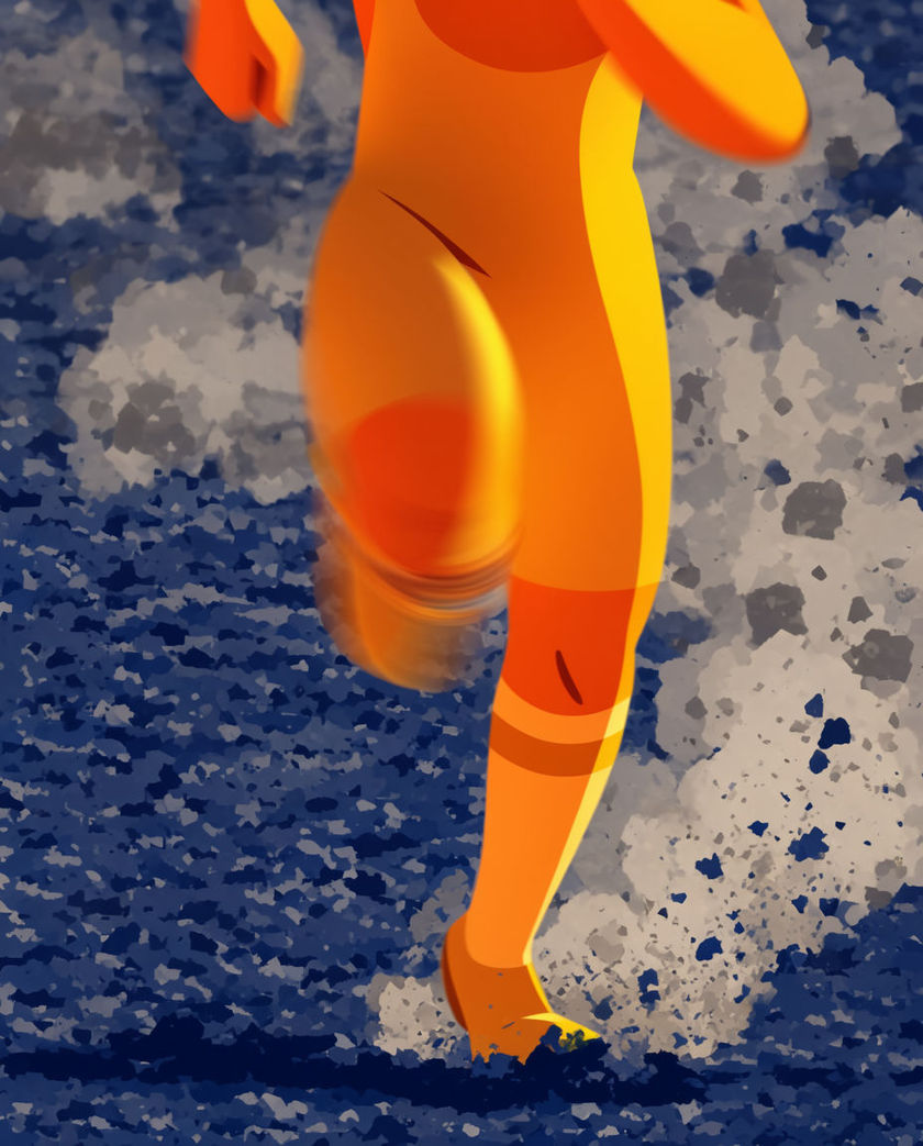 A blur of spinning cartoon legs under a body caught mid-sprint, dust curling off the ground in bold flat colour