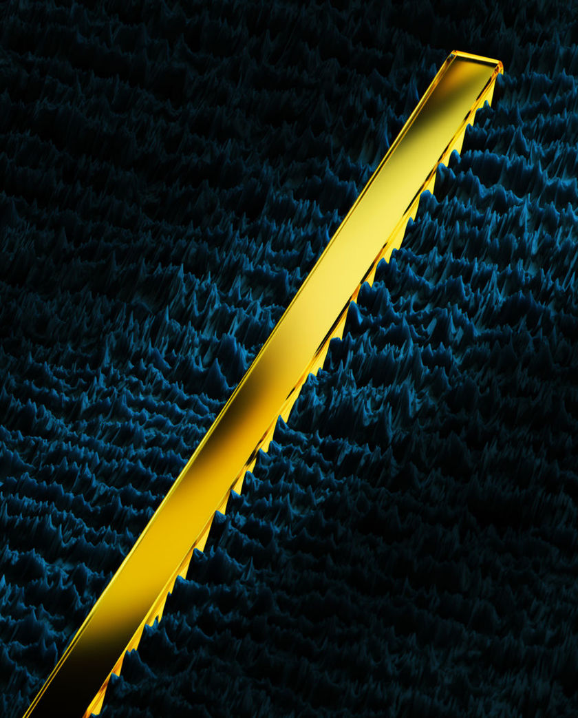 A single flat yellow bar cutting straight across a dark waveform, the peaks either side of it clipped off square