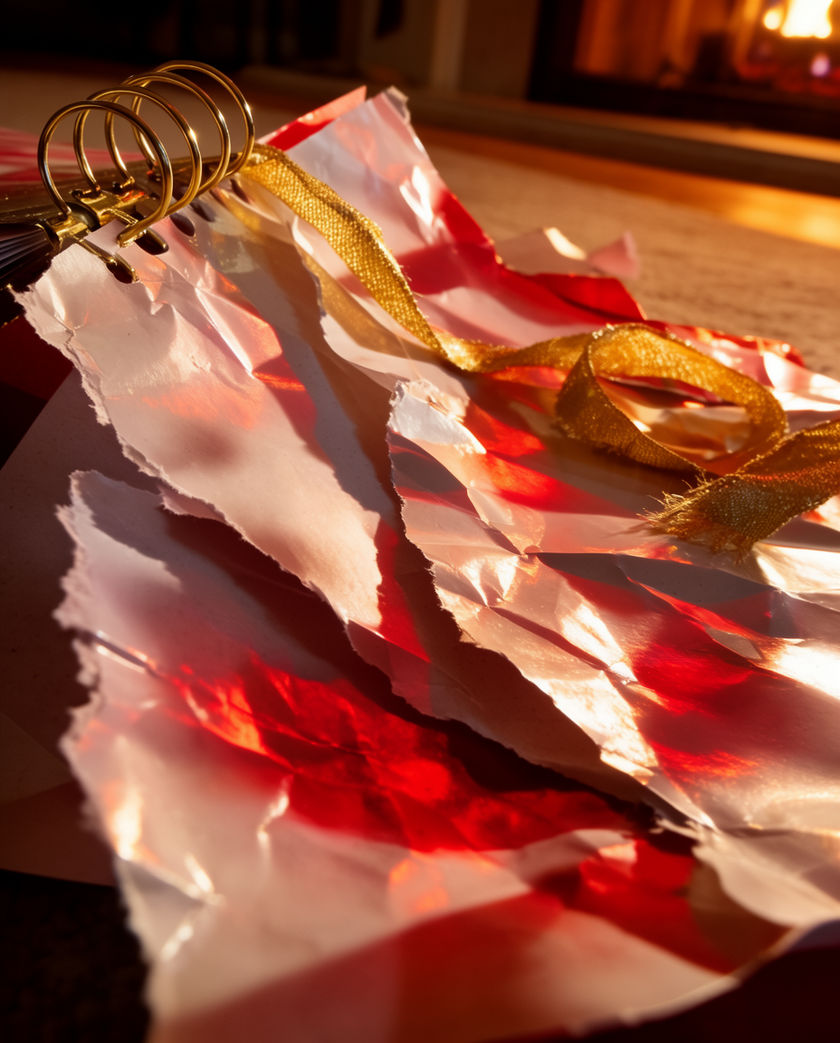 Torn gift paper and ribbon spilling across a floor, firelight raking low across the folds