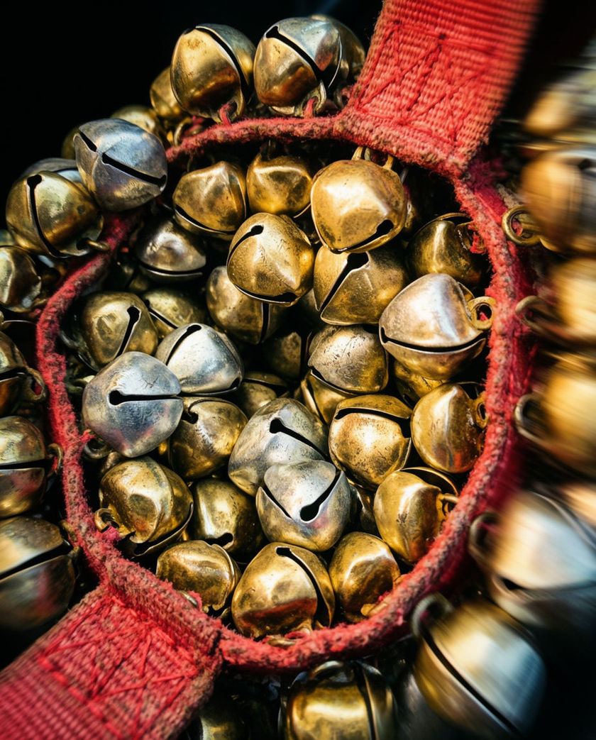 A cluster of small brass sleigh bells caught mid-shake on a red strap, warm light sliding across the worn metal