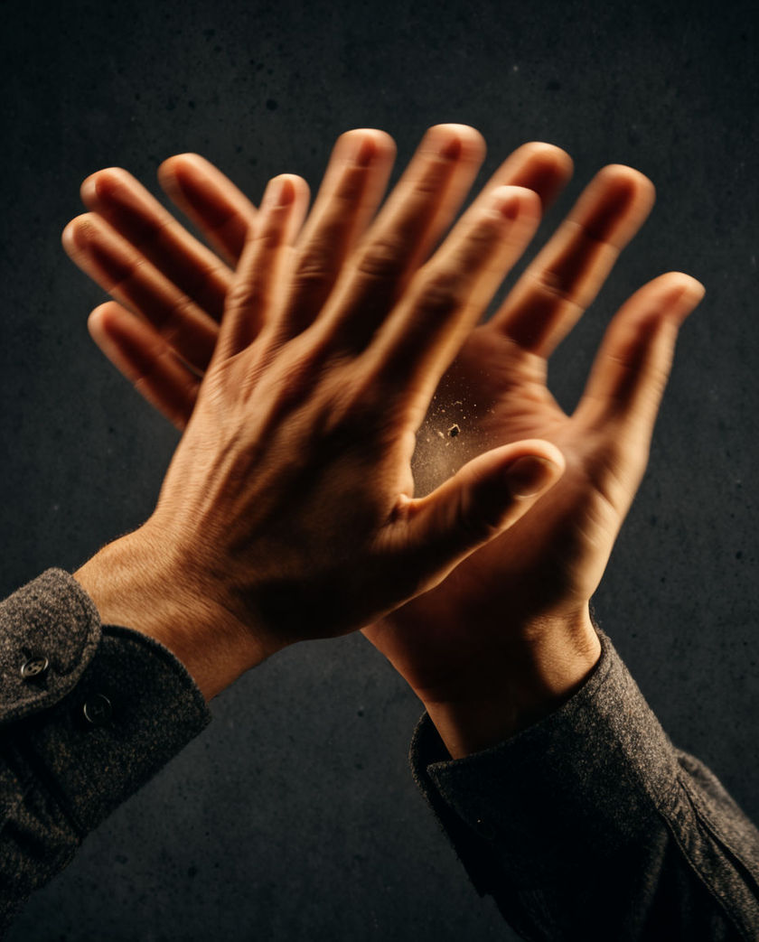 Two palms caught at the instant of impact, fingers splayed and slightly blurred, warm light raking across the skin