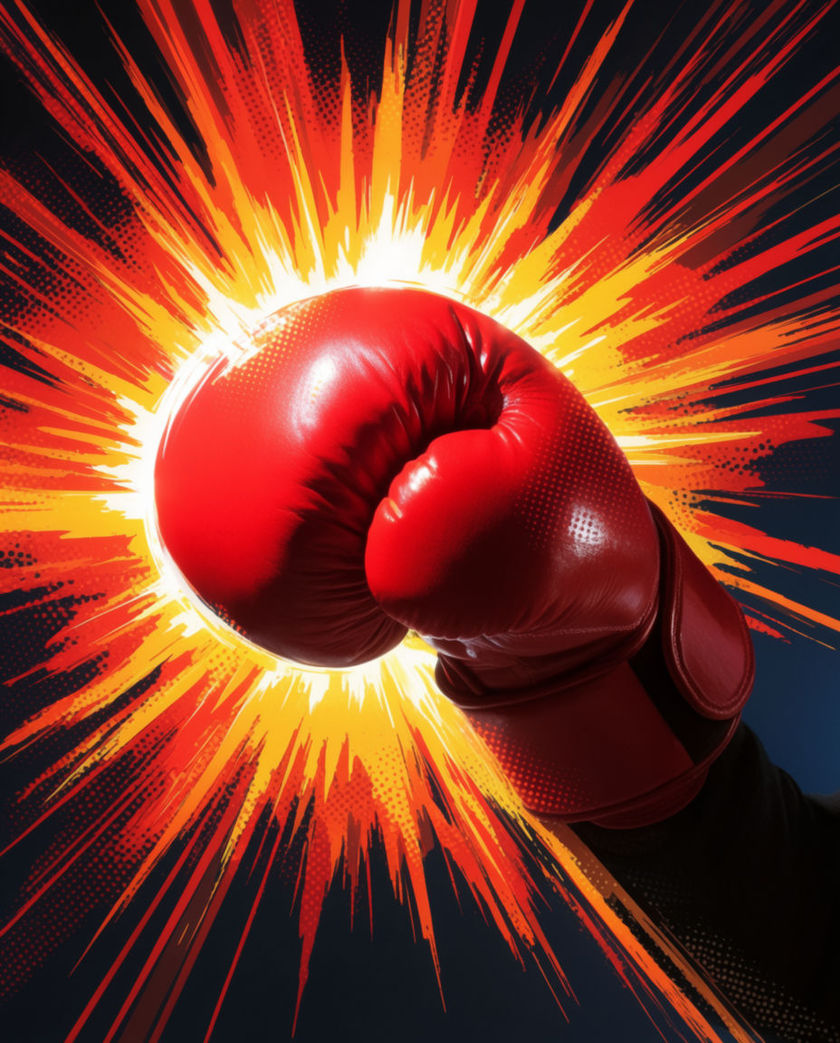 A gloved fist frozen at the instant of impact, halftone dots and hard ink rays bursting outward across saturated primary colour that fills the frame.