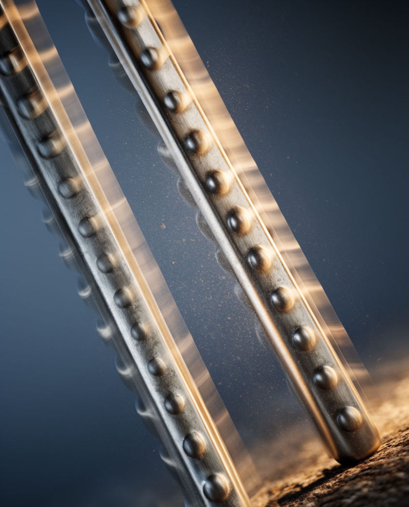 Two brushed metal tuning bars caught mid-ring, close enough to fill the frame, warm light breaking along their edges