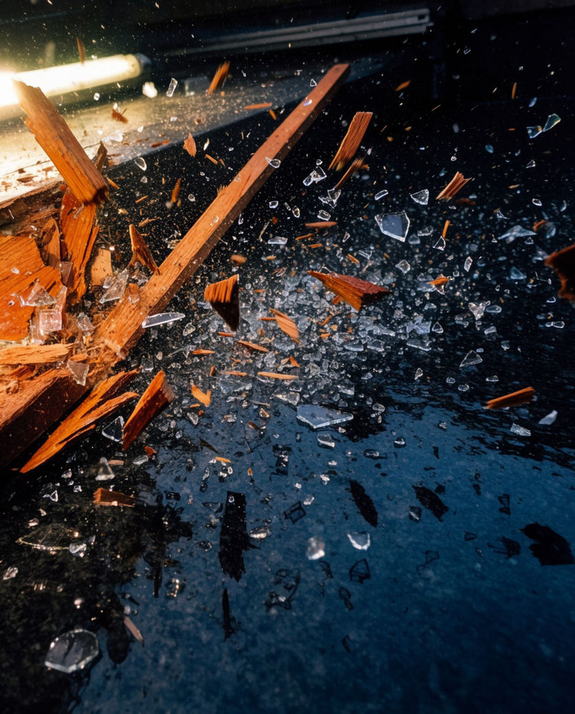 A splintered plank and bright glass shards frozen mid-scatter across dark stone, dust flung out on every side