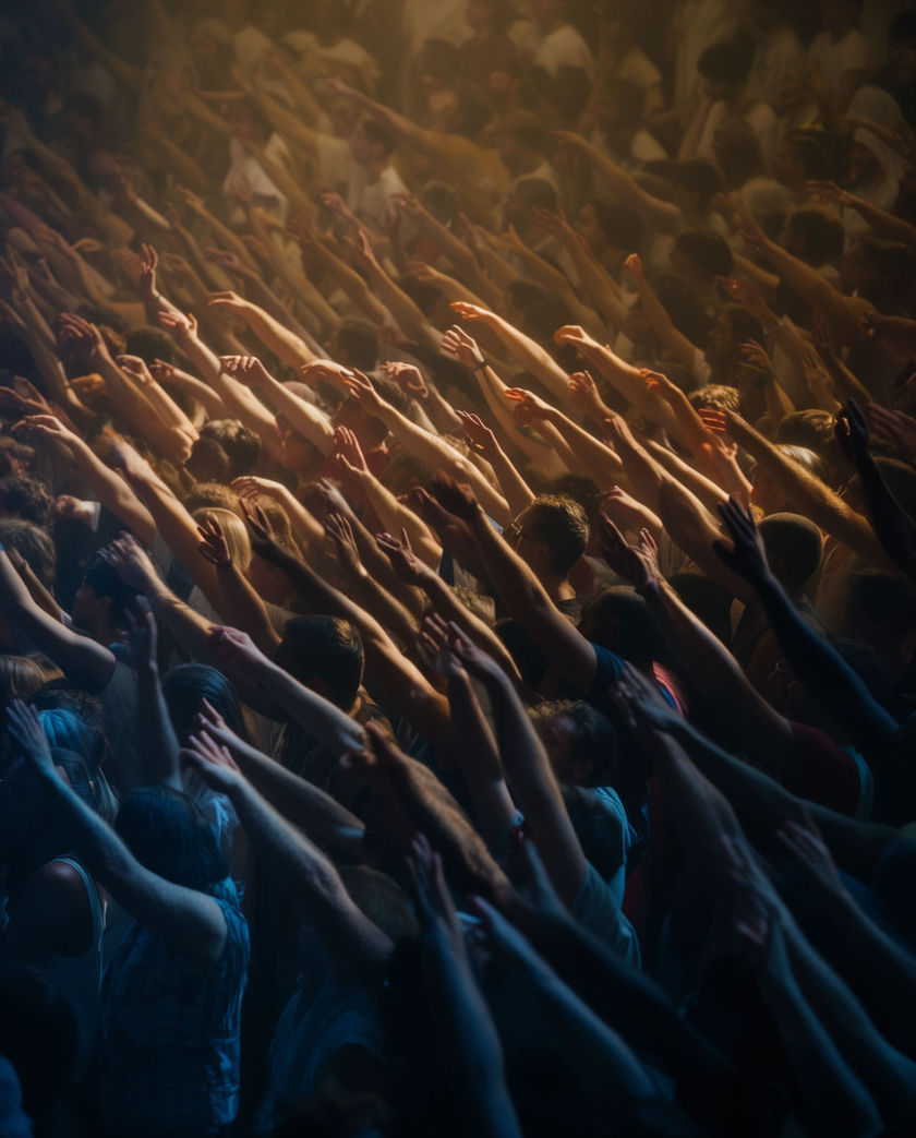 A packed mass of raised arms filling the frame edge to edge, faces lost in warm haze and one shaft of light across them