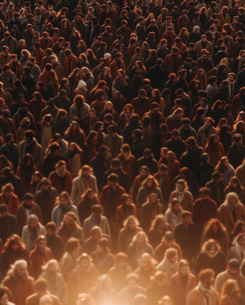 A 4:5 frame packed edge to edge with backlit heads and shoulders, faces blurred into one warm mass of bodies