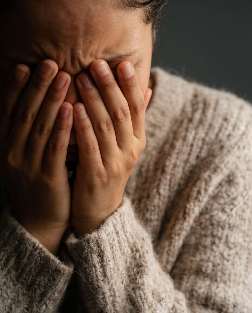 A pair of hands pressed over a lowered face in low window light, shoulders filling the frame