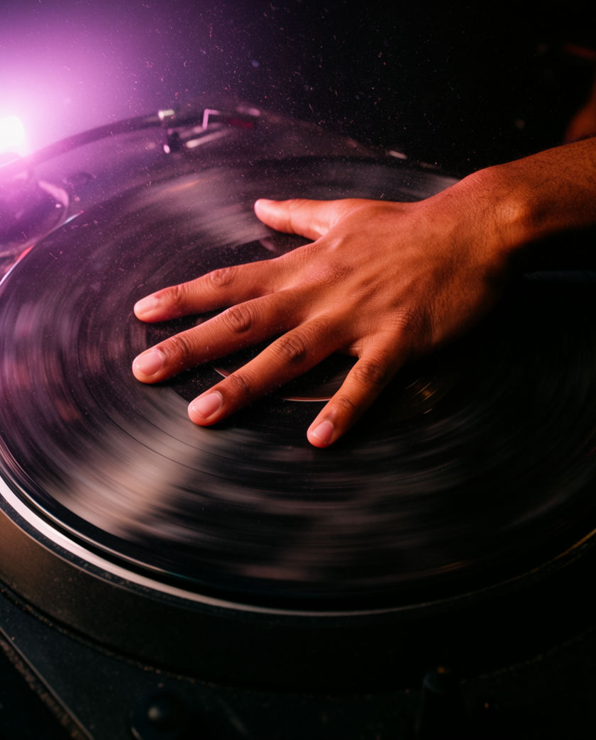 A hand on a spinning record under one hard magenta light, the platter blurred by movement
