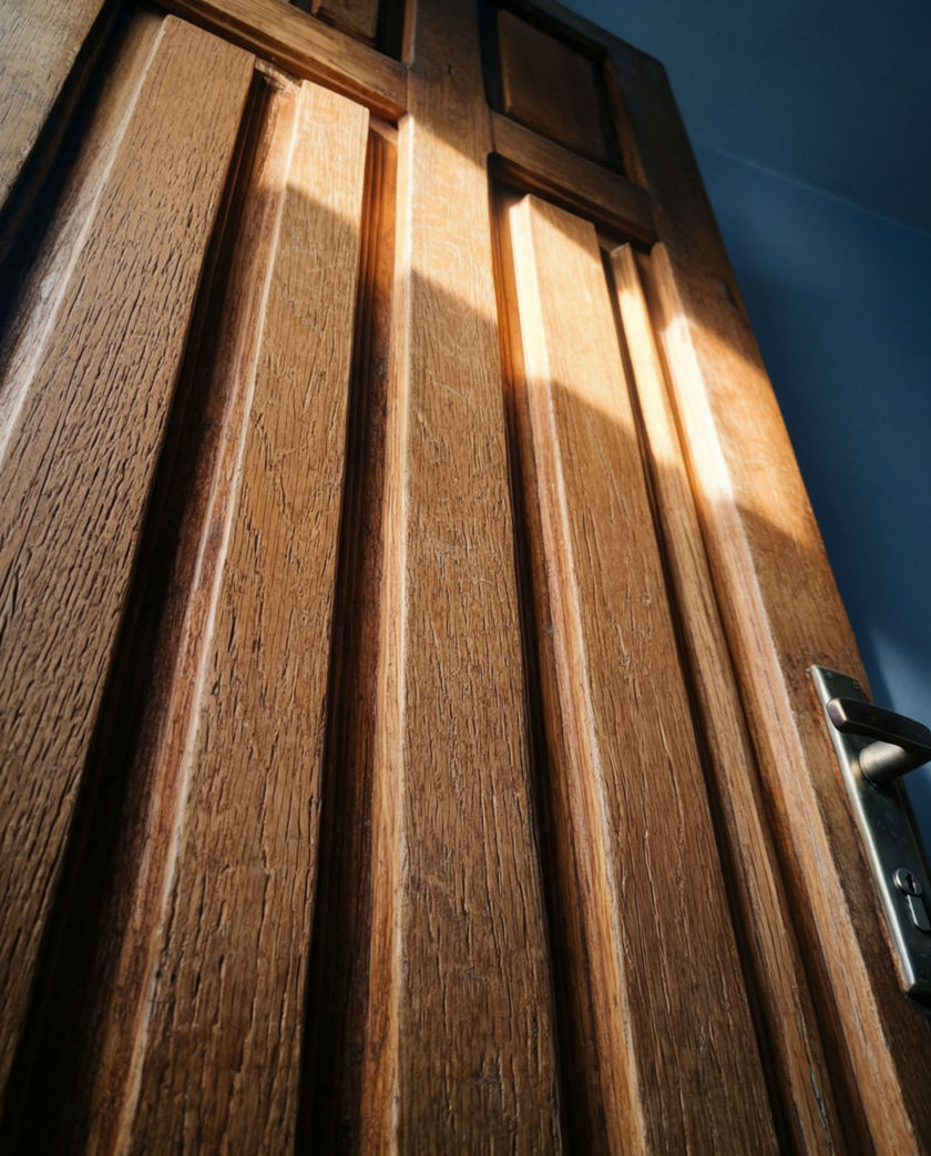 A heavy panelled door caught part way open, one hard shaft of light cutting through the widening gap