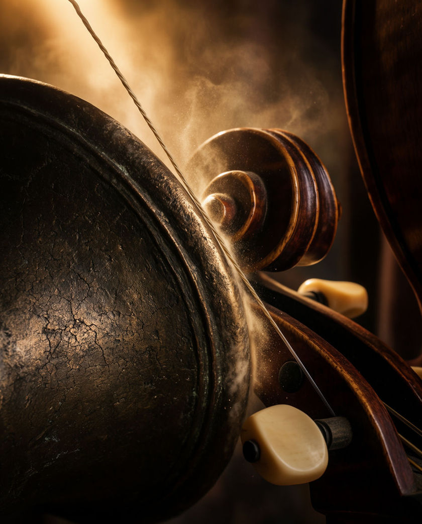 A dark brass bell and bowed strings caught mid-strike in one raking shaft of amber light, dust flaring off the metal