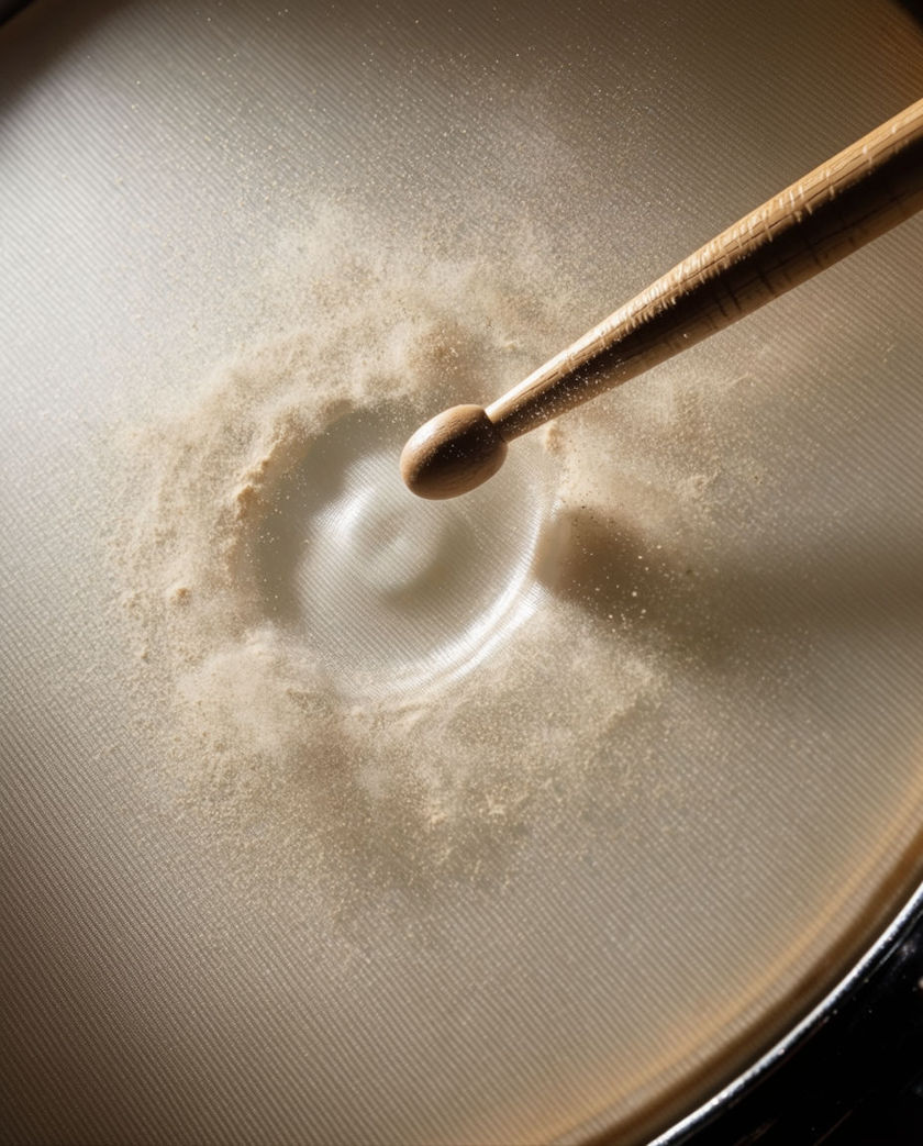 A 4:5 overhead frame of a taut drum head with a stick tip lifting off it, dust jumping from the skin under one hard side light