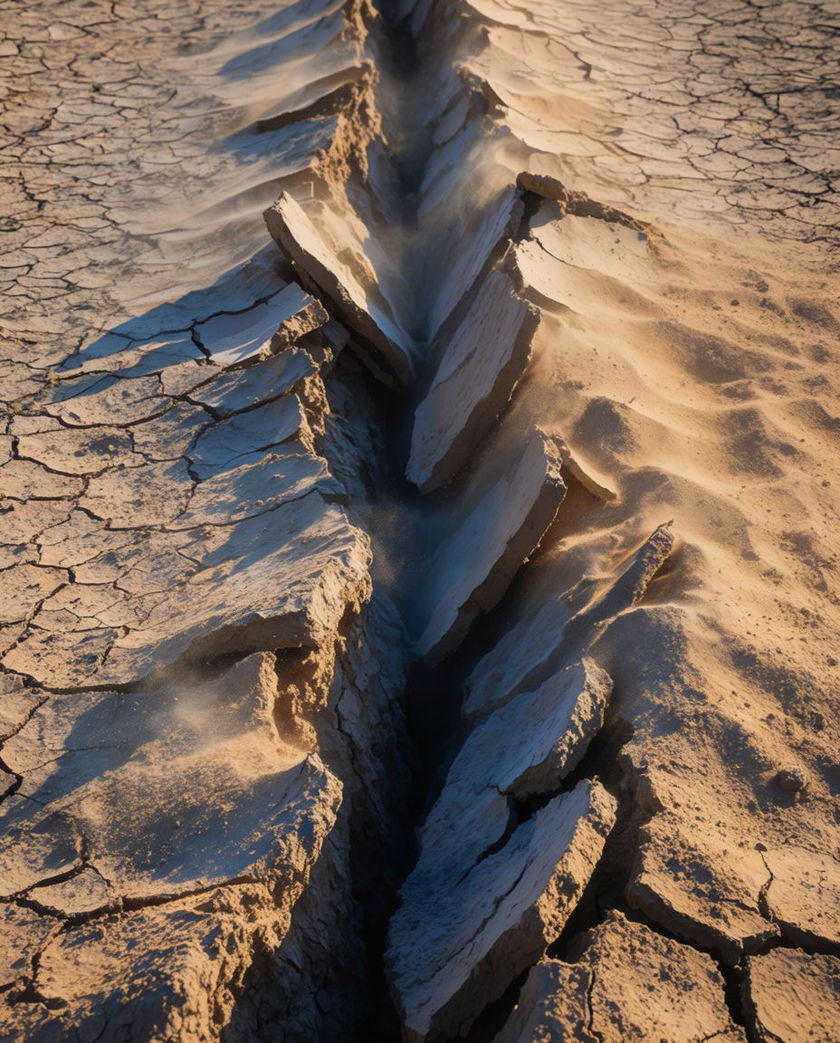 A wide fracture tearing through dry cracked earth, dust still lifting out of the split in low sunlight